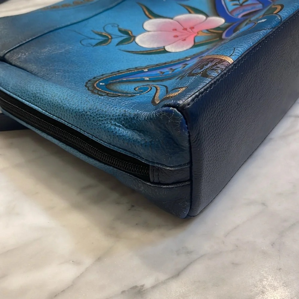 Anna by Anuschka Hand-Painted Blue Leather Hobo Bag - Picture 6 of 12